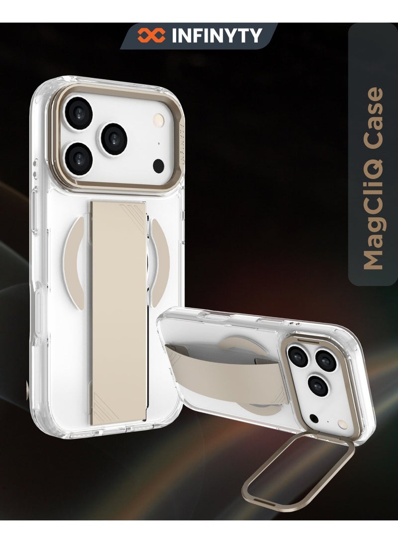 INFINYTY iPhone 17 Pro Clear Case with Soft Grey Grip & Metallic Camera Stand- Grypsta, Premium TPU+PC Build, Anti-Shock Corners, Metallic Buttons, MagSafe Compatible, Raised Camera and Screen Edges, Anti-Yellowing Coating, Durable, Long-Lasting Clarity - Image 1